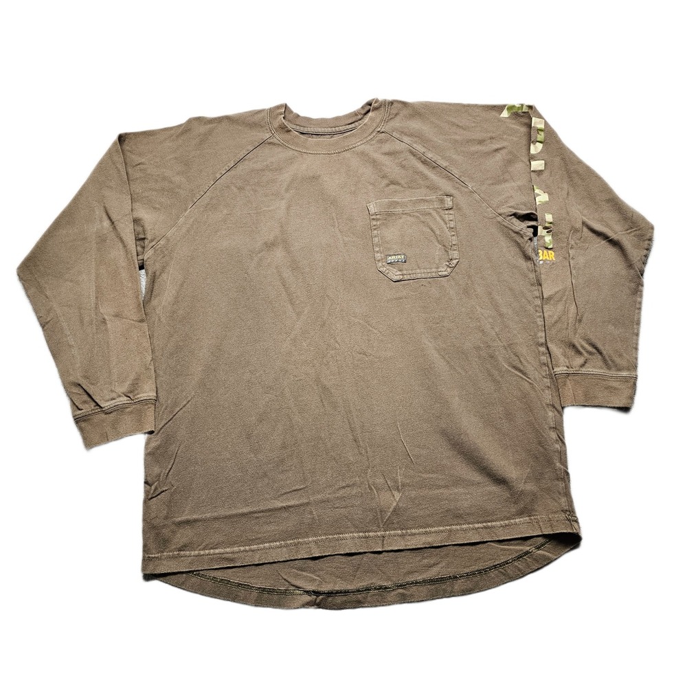 Ariat Rebar Pocket T-Shirt Mens L Brown Hunting Long Sleeve Crew Neck Pullover